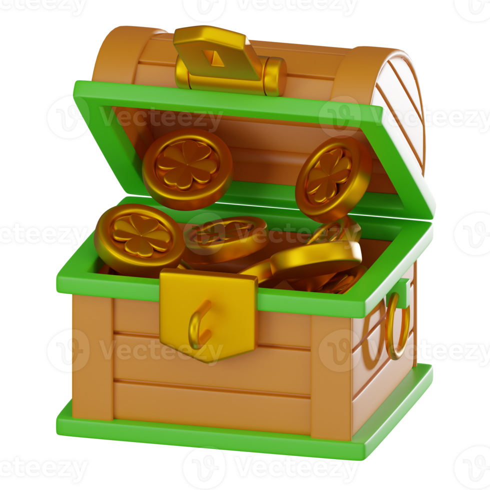 3D render, Treasure Chest with Festive Saint Patrick gold coin a shiny metallic, Icon Illustration png