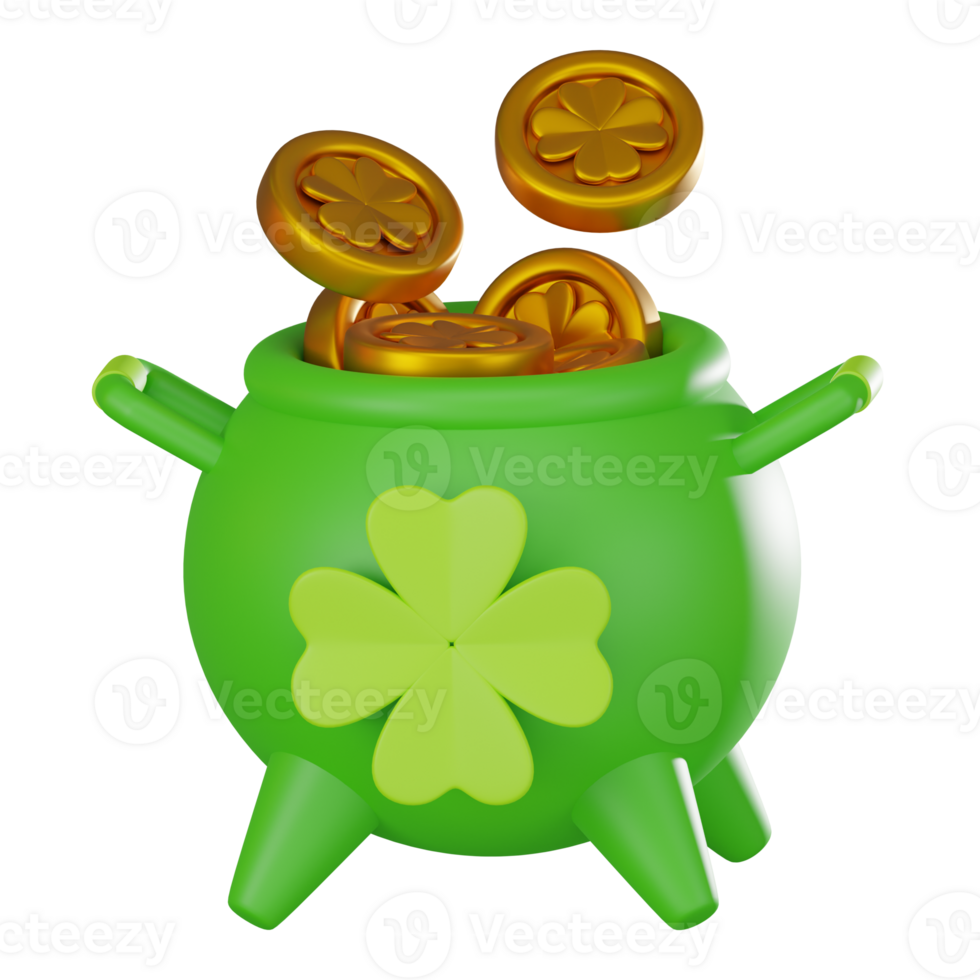 3D render, Pot with Festive Saint Patrick gold coin a shiny metallic, Icon Illustration png