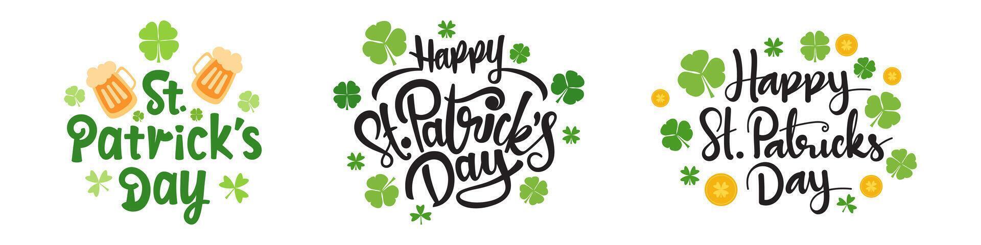 set of st. patrick's day text calligraphy with patrick's day elements vector