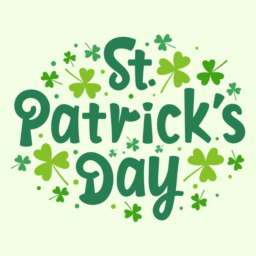 st. patrick's day text calligraphy with clover and shamrock leaves vector
