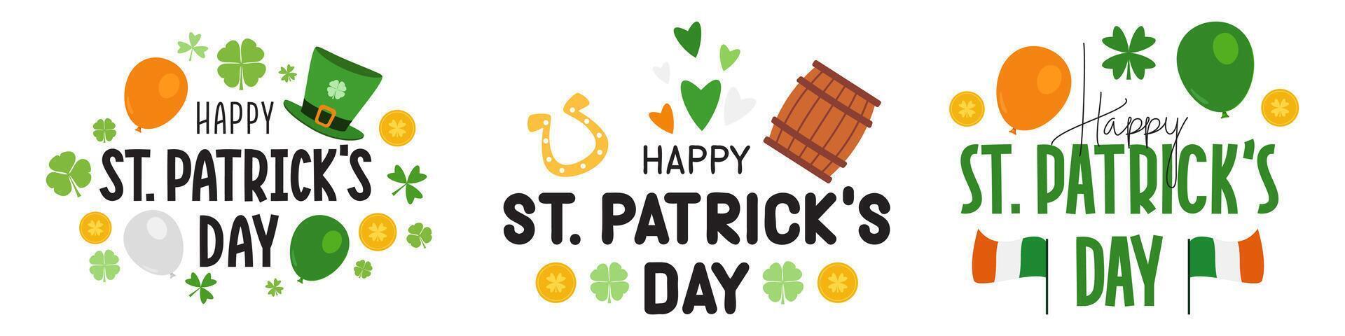 set of st. patrick's day text calligraphy with patricks day clover leaves and otherelements vector