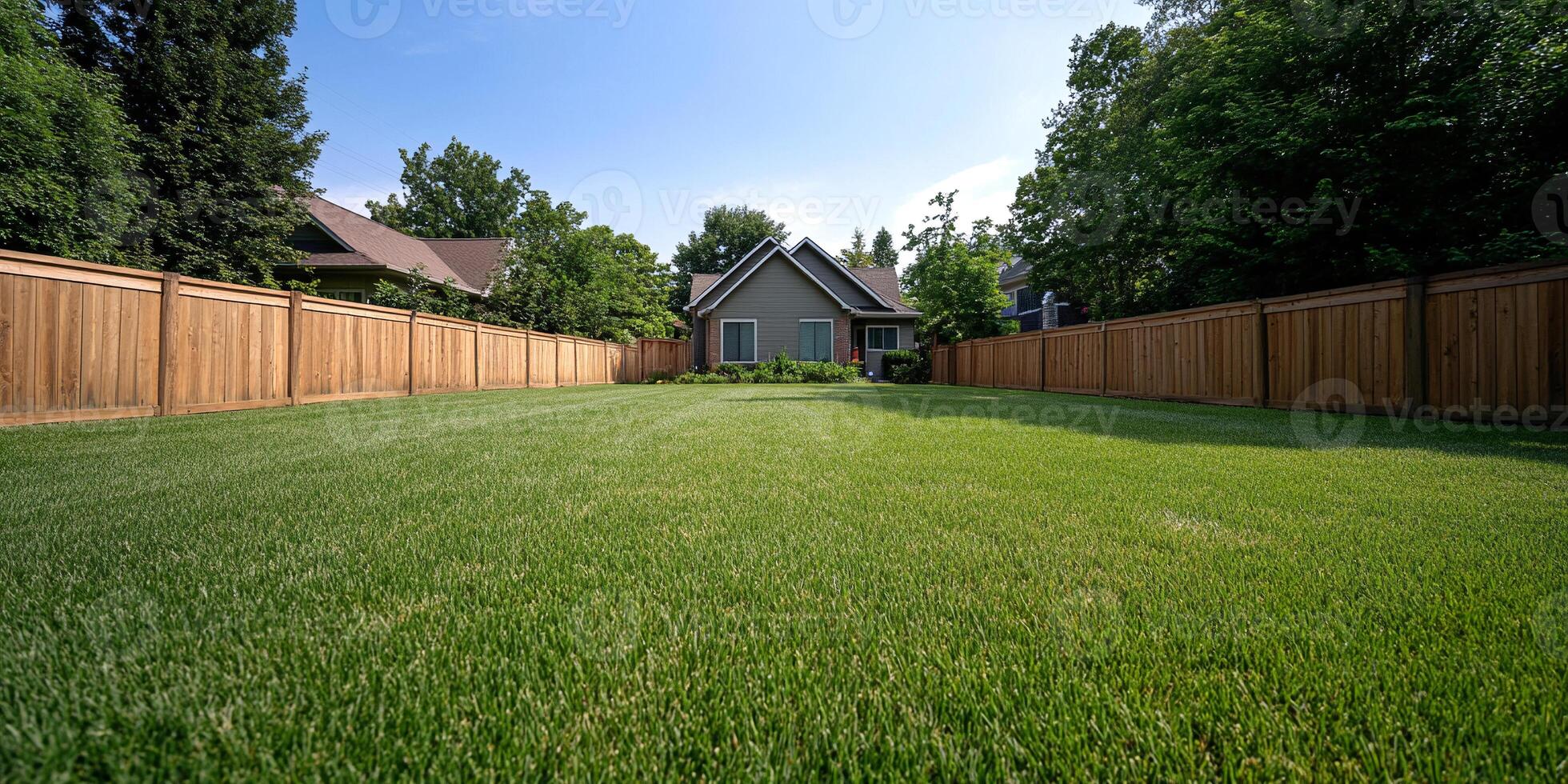 A backyard with a wooden fence and grass photo