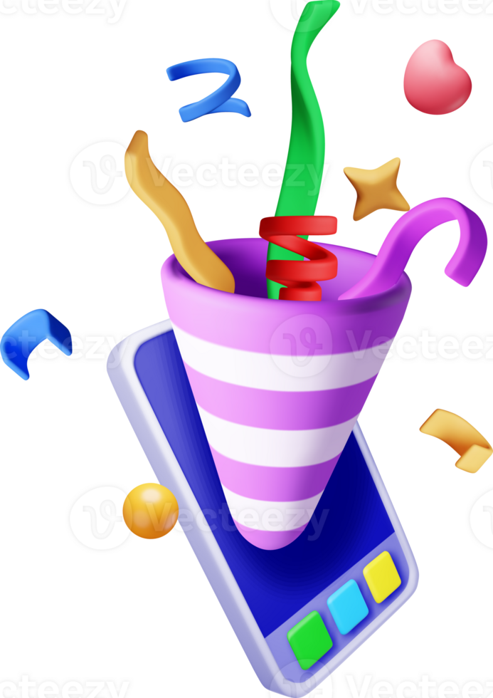 3D party popper with confetti on mobile phone icon png