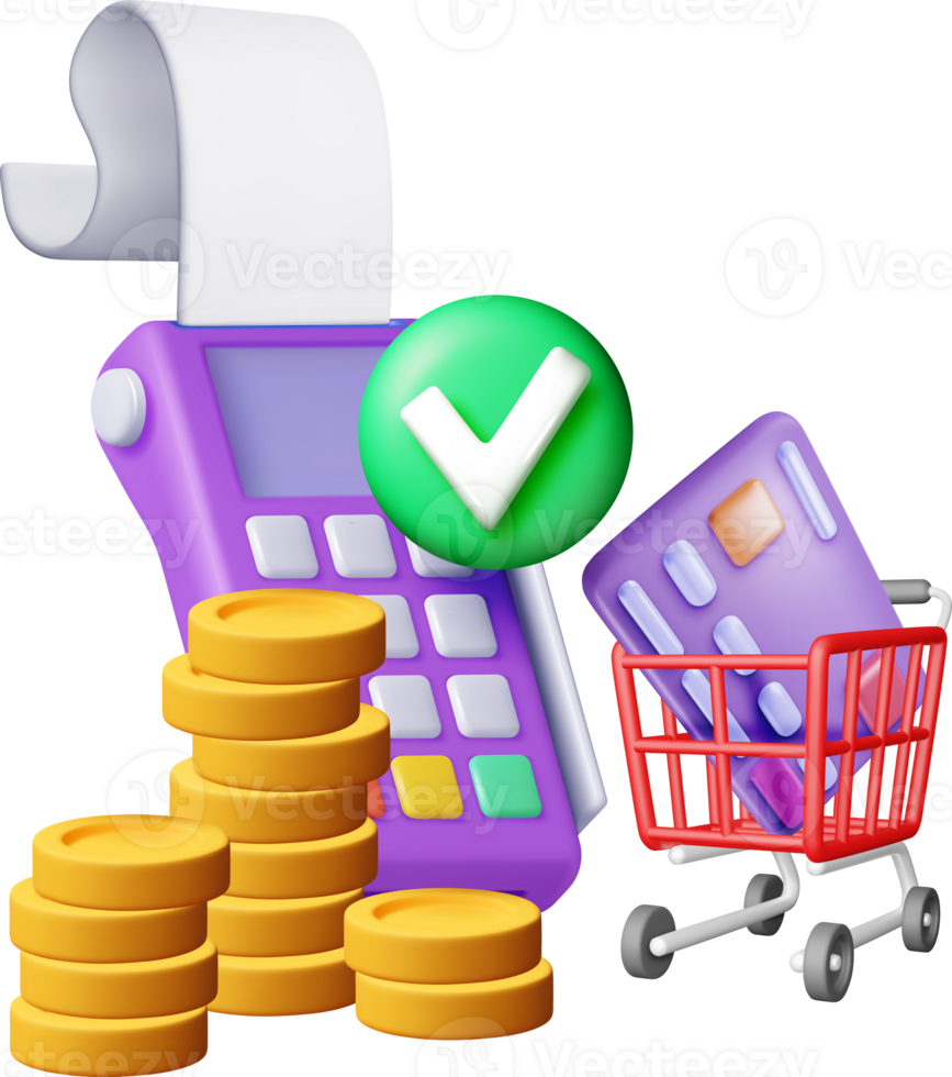 3D payment terminal with coins and shopping cart png