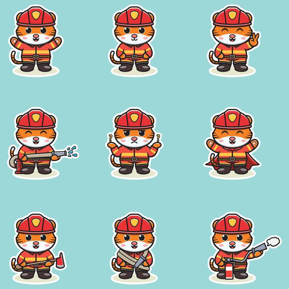 Illustration of Tiger cartoon with Firefighter costume. Set of cute Tiger characters. vector