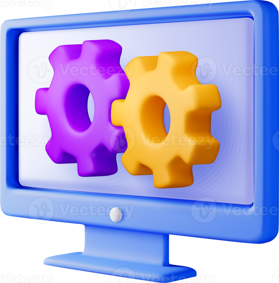 3d computador com engrenagens em tela png