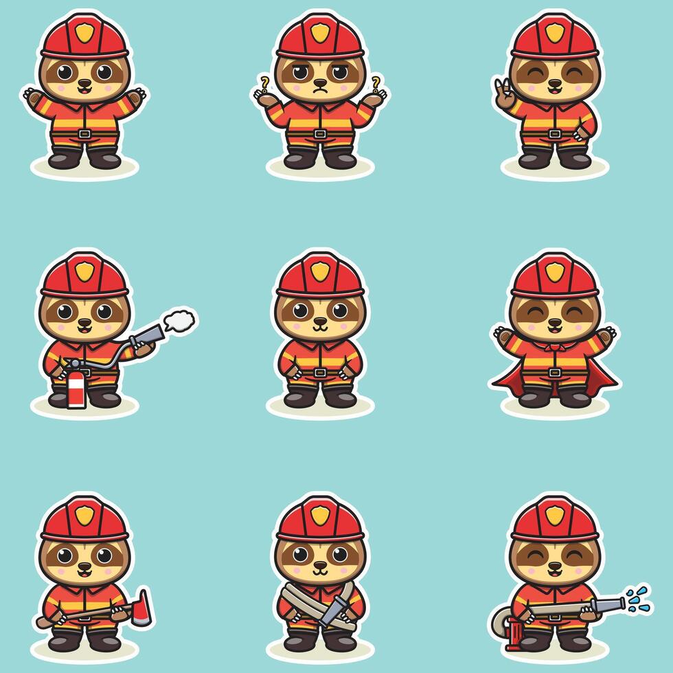 Illustration of Sloth cartoon with Firefighter costume. Set of cute Sloth characters. vector