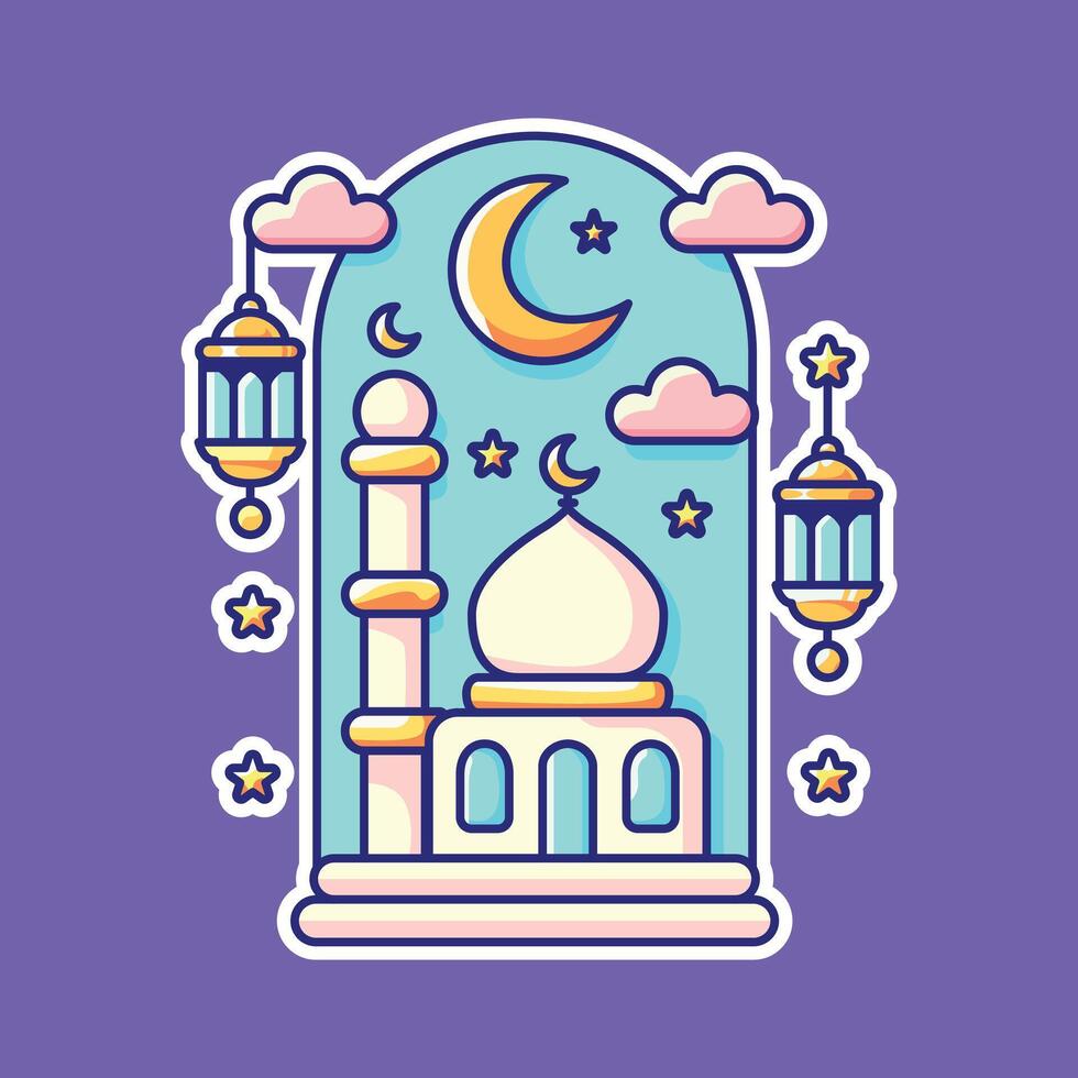 Decorative Ramadan Mosque with Hanging Lanterns and Crescent Moon vector
