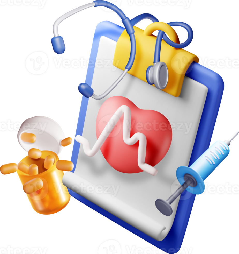 3d clipboard with checkup stethoscope and pills png