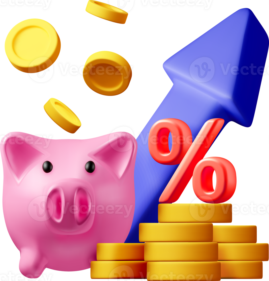3D piggy bank and growing stacks of coins icon png