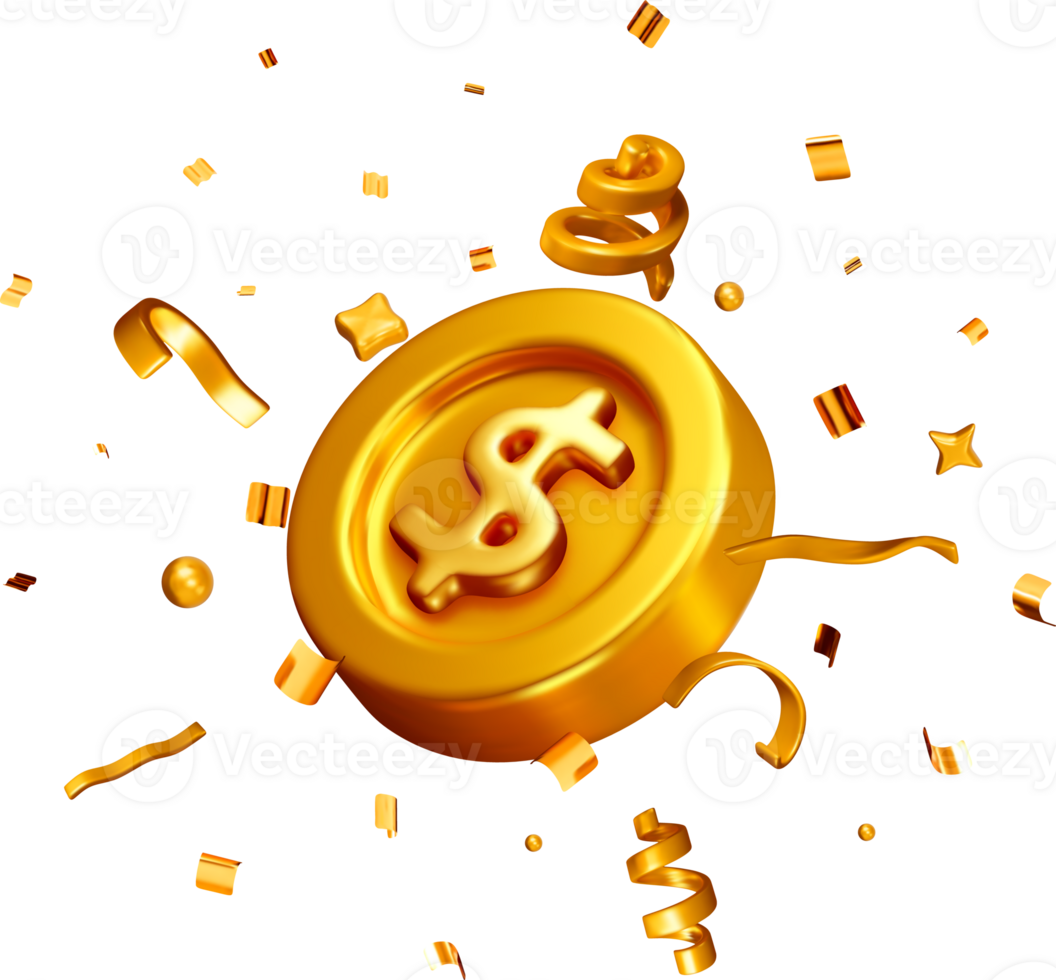 3D gold coin with dollar sign icon in confetti png