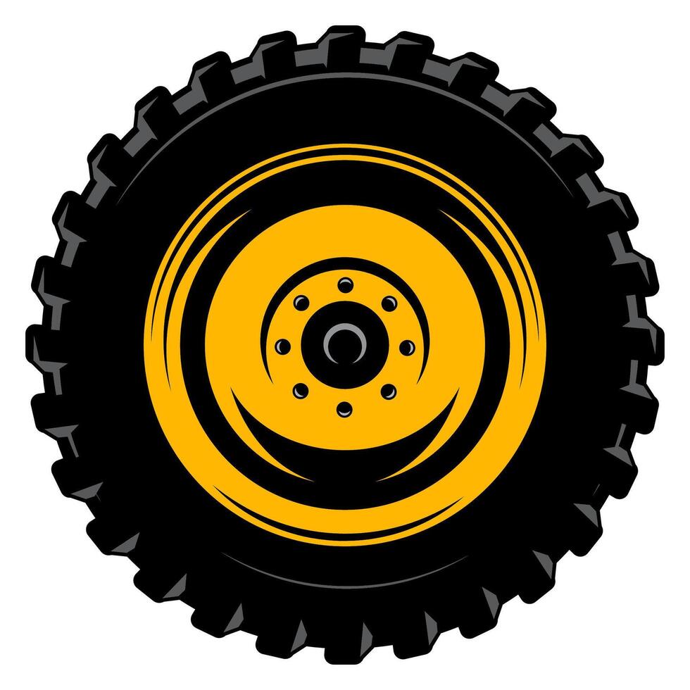 A bold black tire with a striking yellow rim and intricate tread design showcasing industrial strength and durability vector