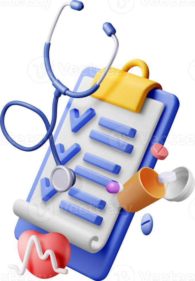 3d clipboard with check, stethoscope and pills png