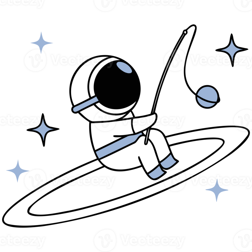 Cute astronaut fishing in space with stars around. png