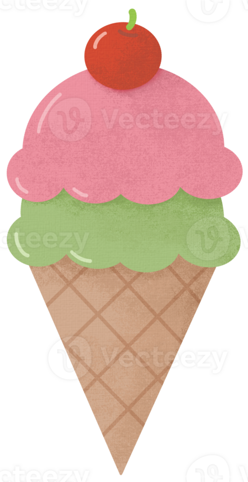 Hand drawn cute double scoops ice cream cone png