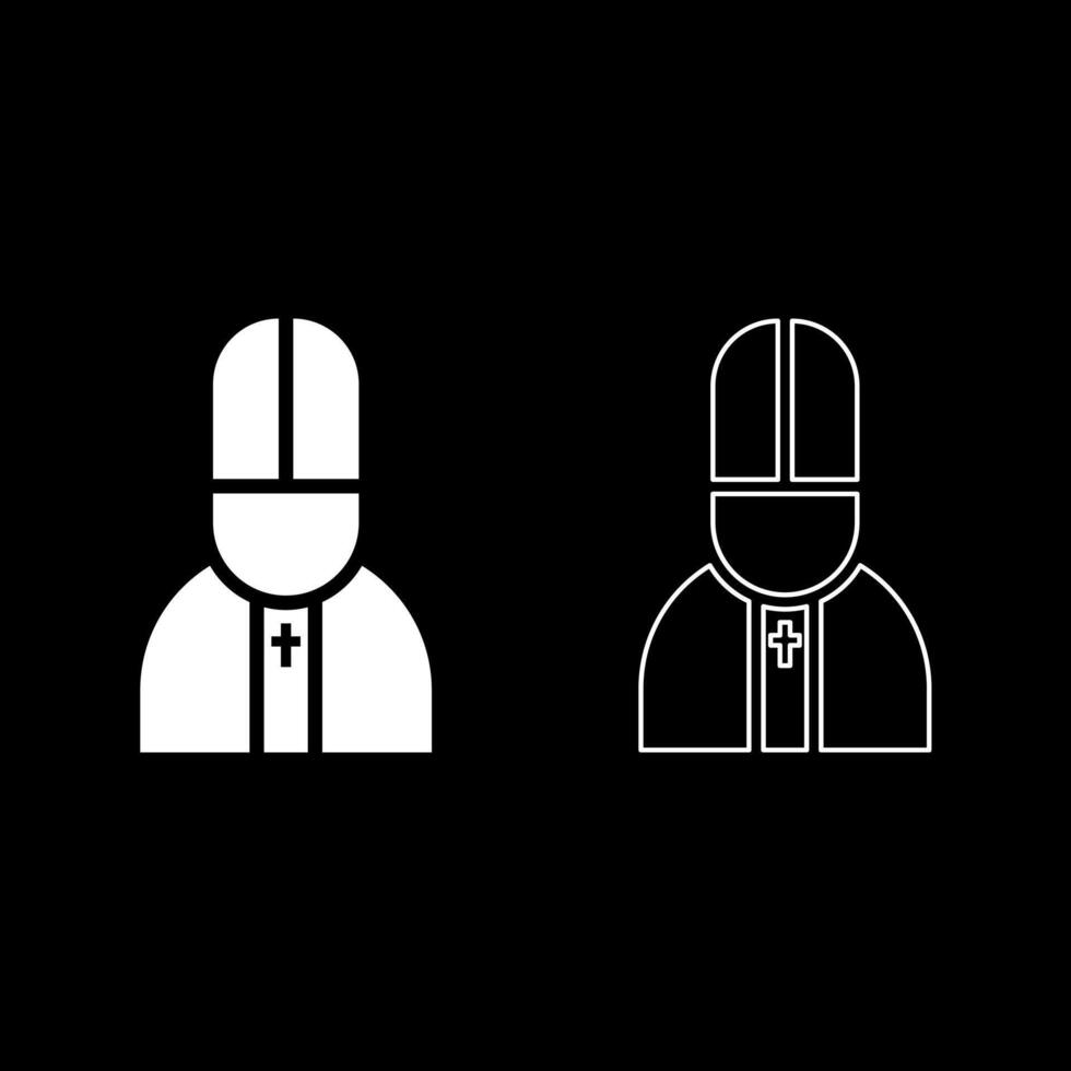 Pope catolic Man Church bishop set icon white color solid fill outline contour line thin style vector