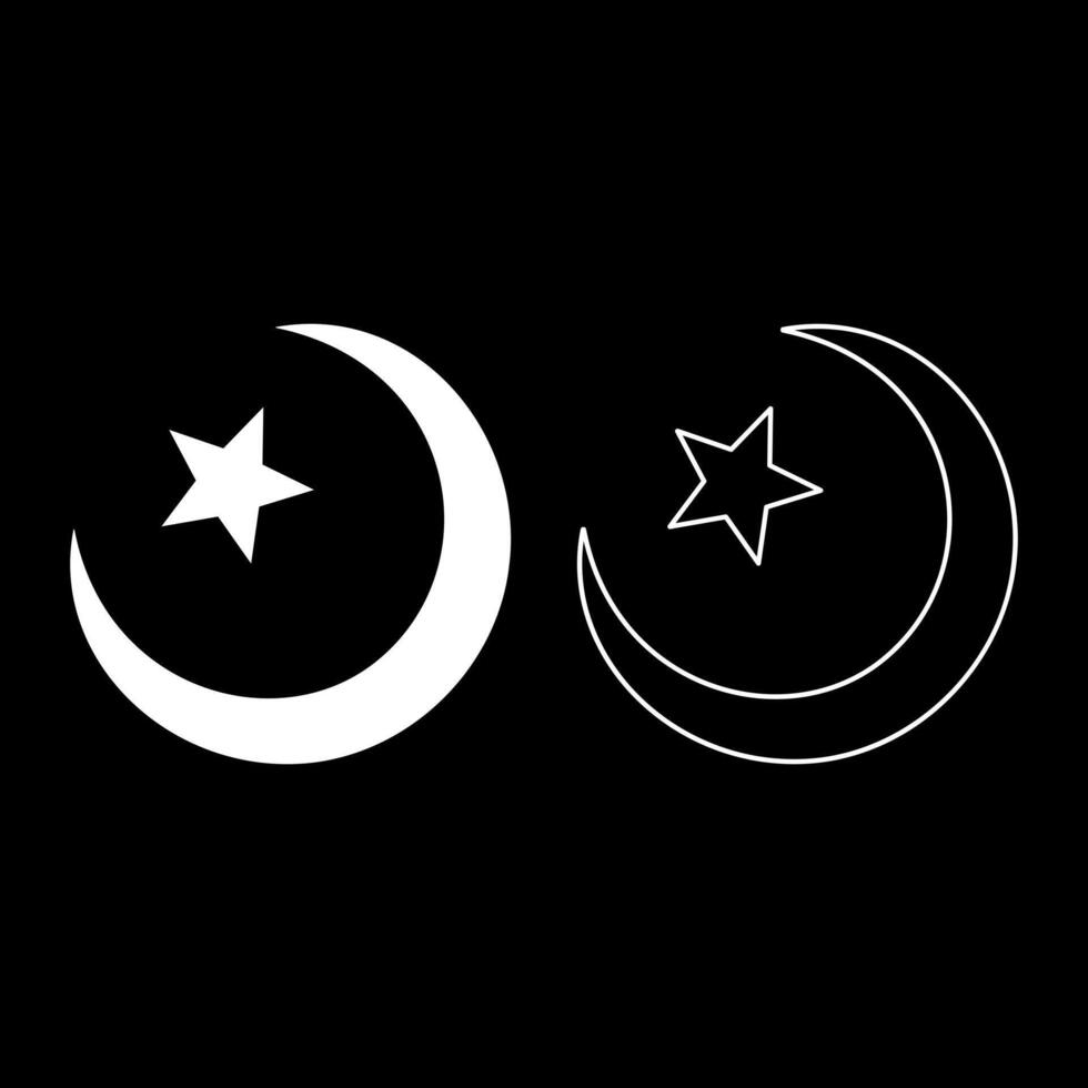 Symbol Alem Islam Halfmoon Arabic moon and star set icon white color solid fill outline contour line thin style vector
