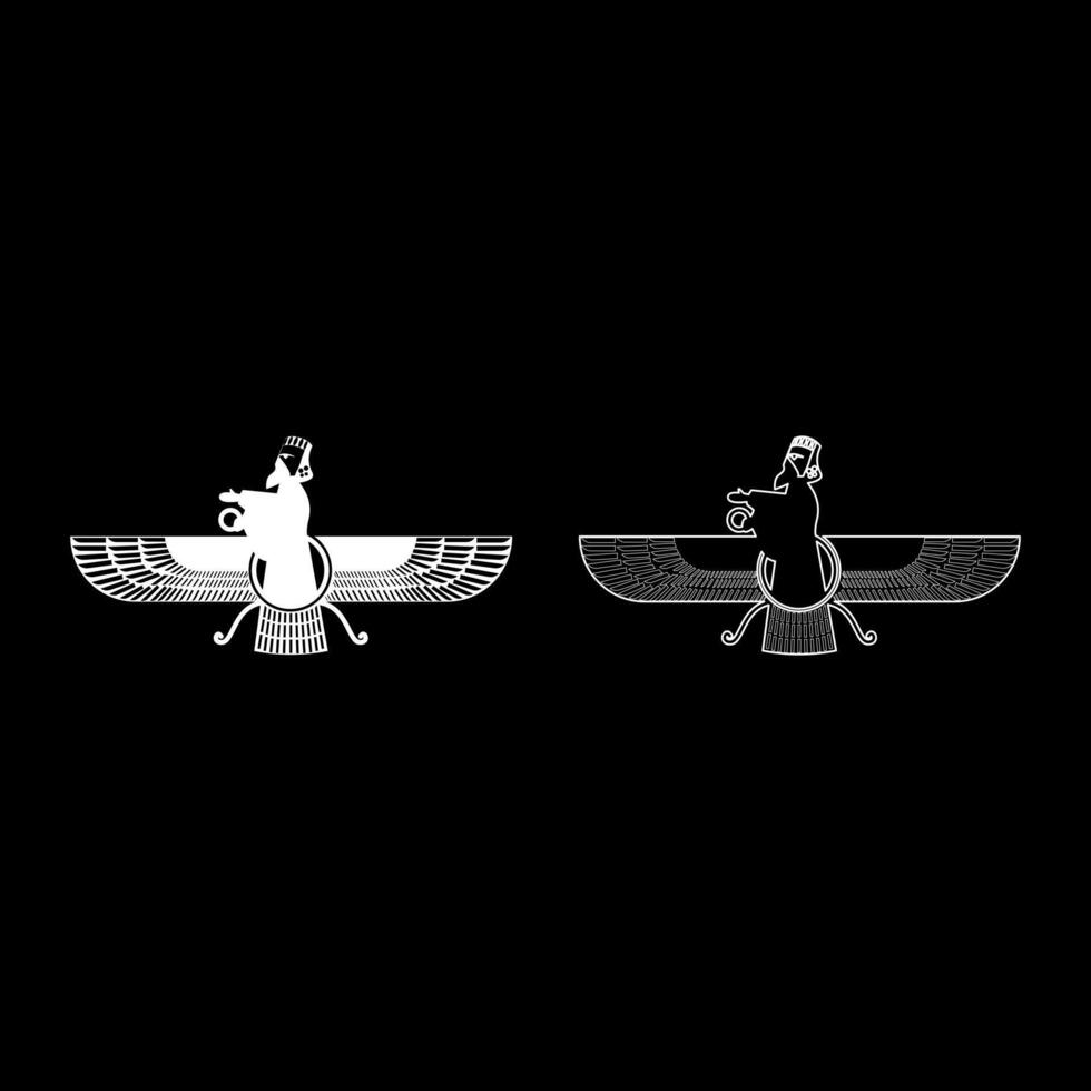 Zoroastrism religion Faravahar Zorostrian symbol Parsi set icon white color solid fill outline contour line thin style vector