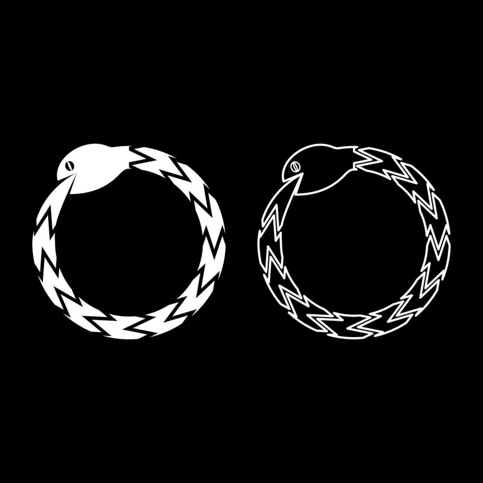 Uroboros Zhulong snake eating own tail coiled in ring Ouroboros serpent set icon white color solid fill outline contour line thin style vector