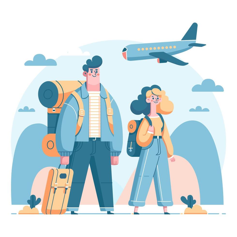 Young men and women tourists with suitcases and backpacks stand against the background of a flying airplane. vector