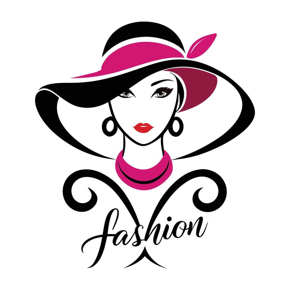 fashion logo with woman in hat. vector