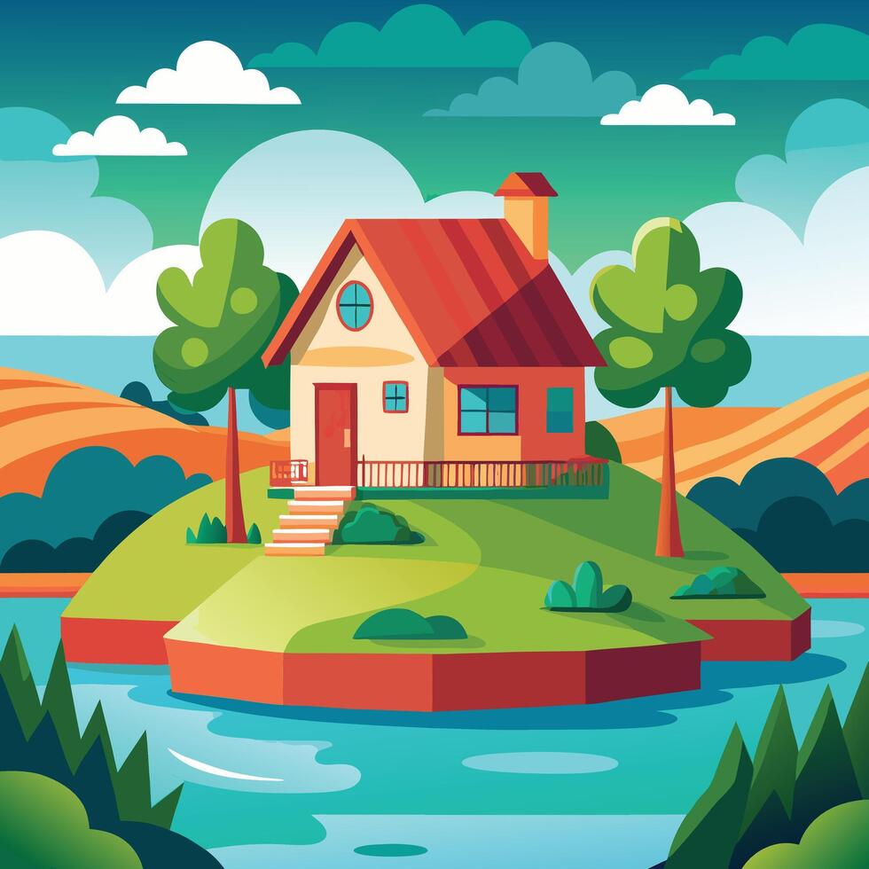 illustration of a house on an island. vector