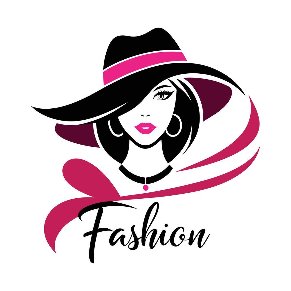 fashion logo with woman in hat and pink ribbon vector