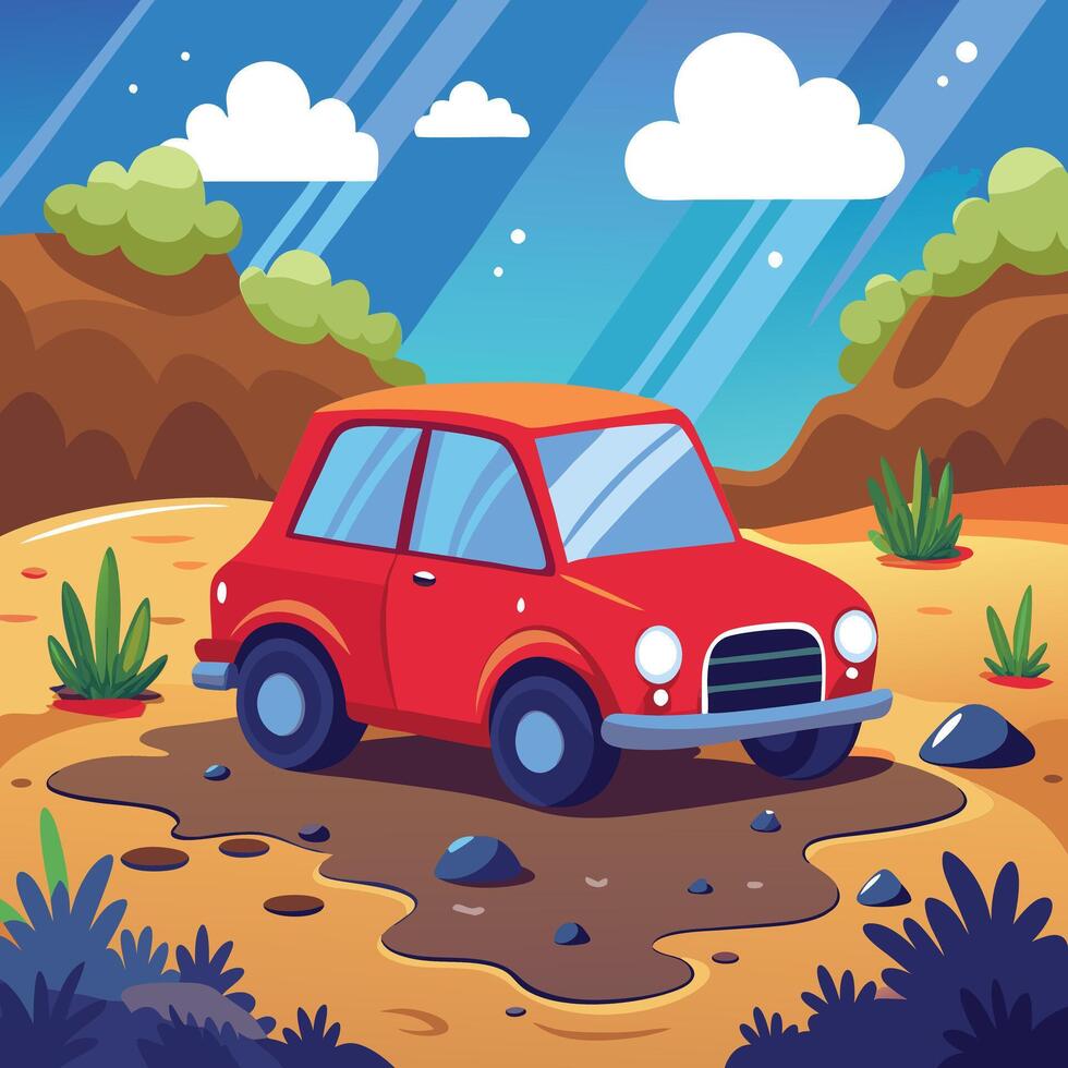cartoon car driving on the road in the desert vector