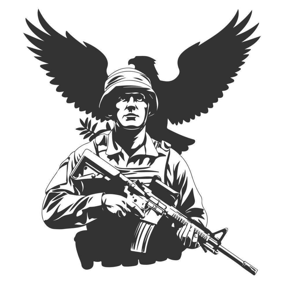 A timeless U.S. Army soldier and eagle silhouette, reflecting duty, honor, and the unwavering protection of the nation. vector