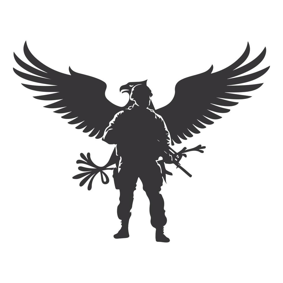 A powerful silhouette of a U.S. Army soldier standing with an eagle, symbolizing strength, courage, and American patriotism. vector