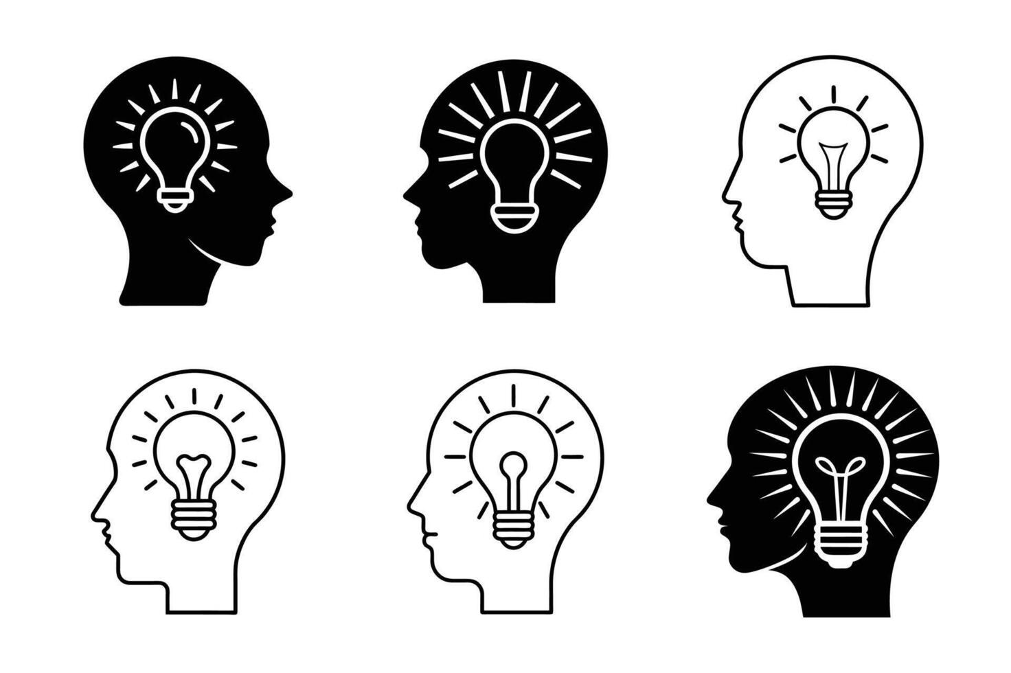 Creative Mind Icon Set Human Head Silhouette with Light Bulb Symbolizing Innovation, Ideas, and Intelligence vector