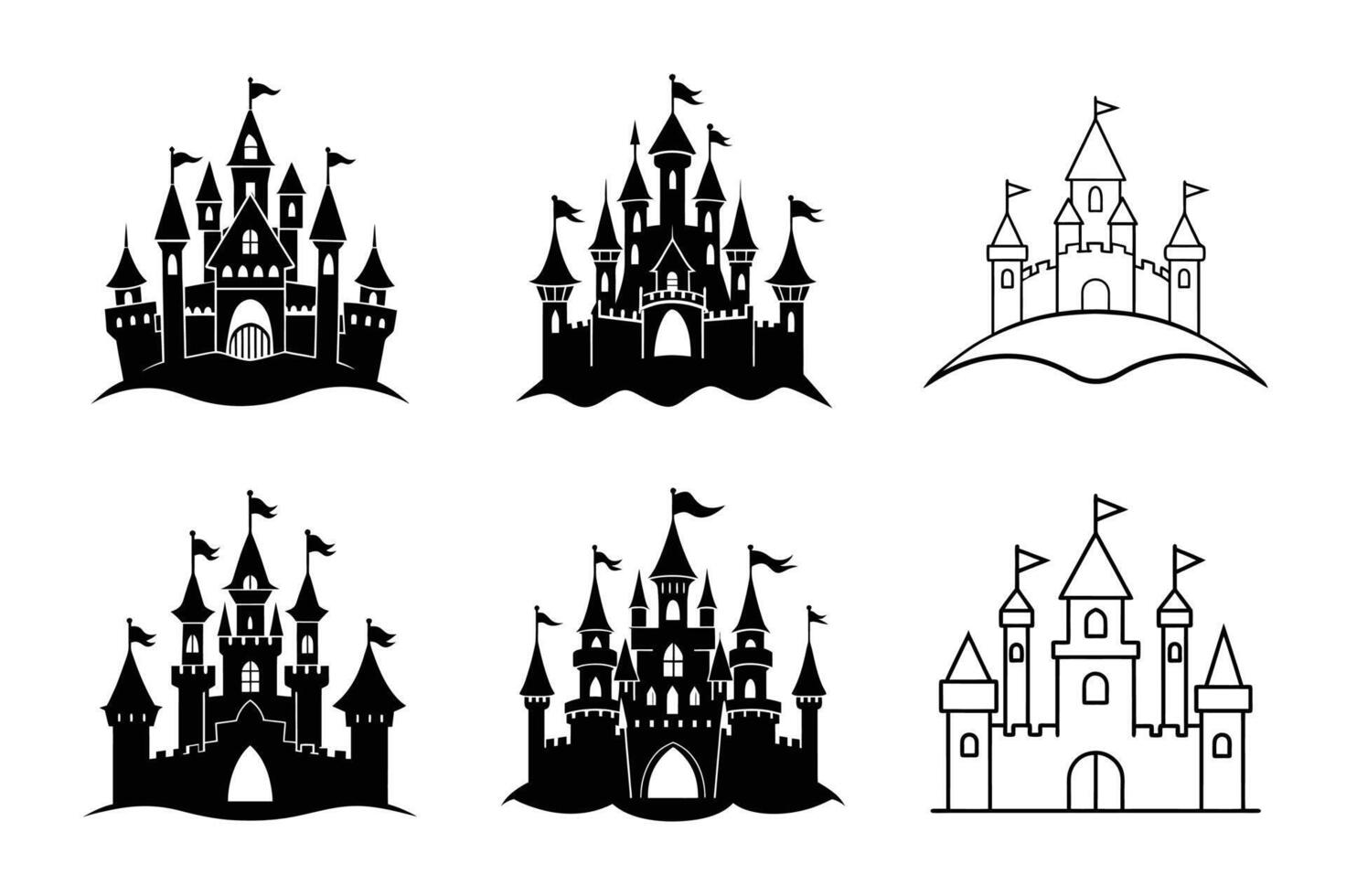Fairy Tale Castle Icon Set Medieval Fantasy Fortress Silhouettes and Line Art for Storybook, Magic, and Kingdom-Themed Designs vector