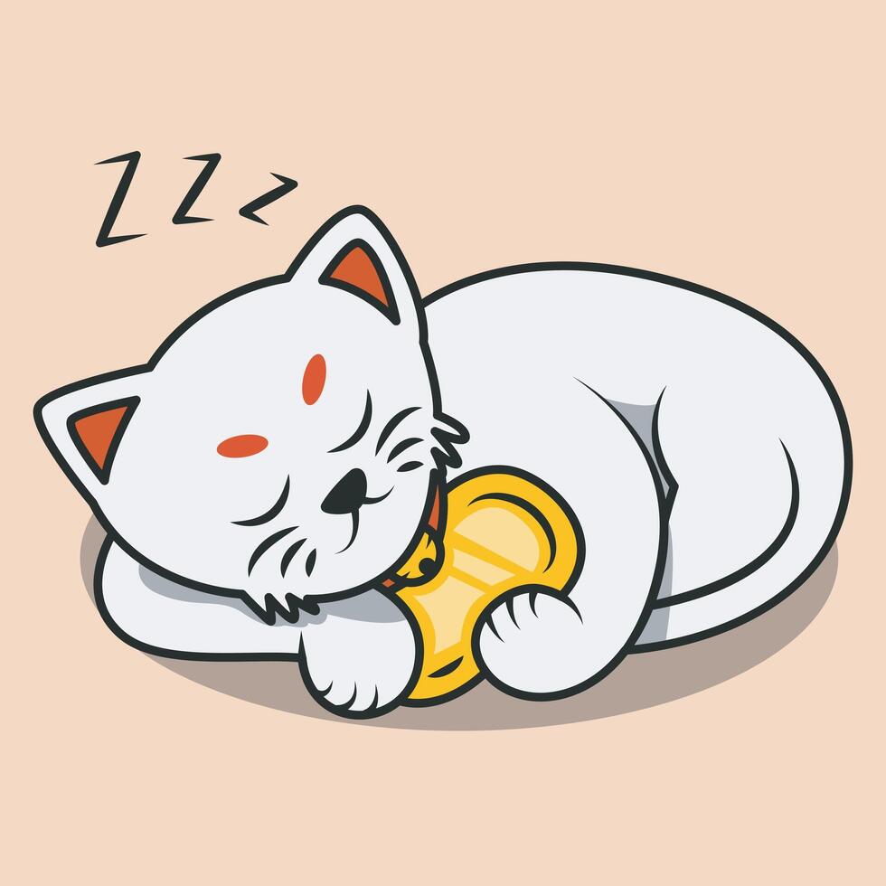 icon of lucky cat sleeping while hugging gold pieces. premium icon vector