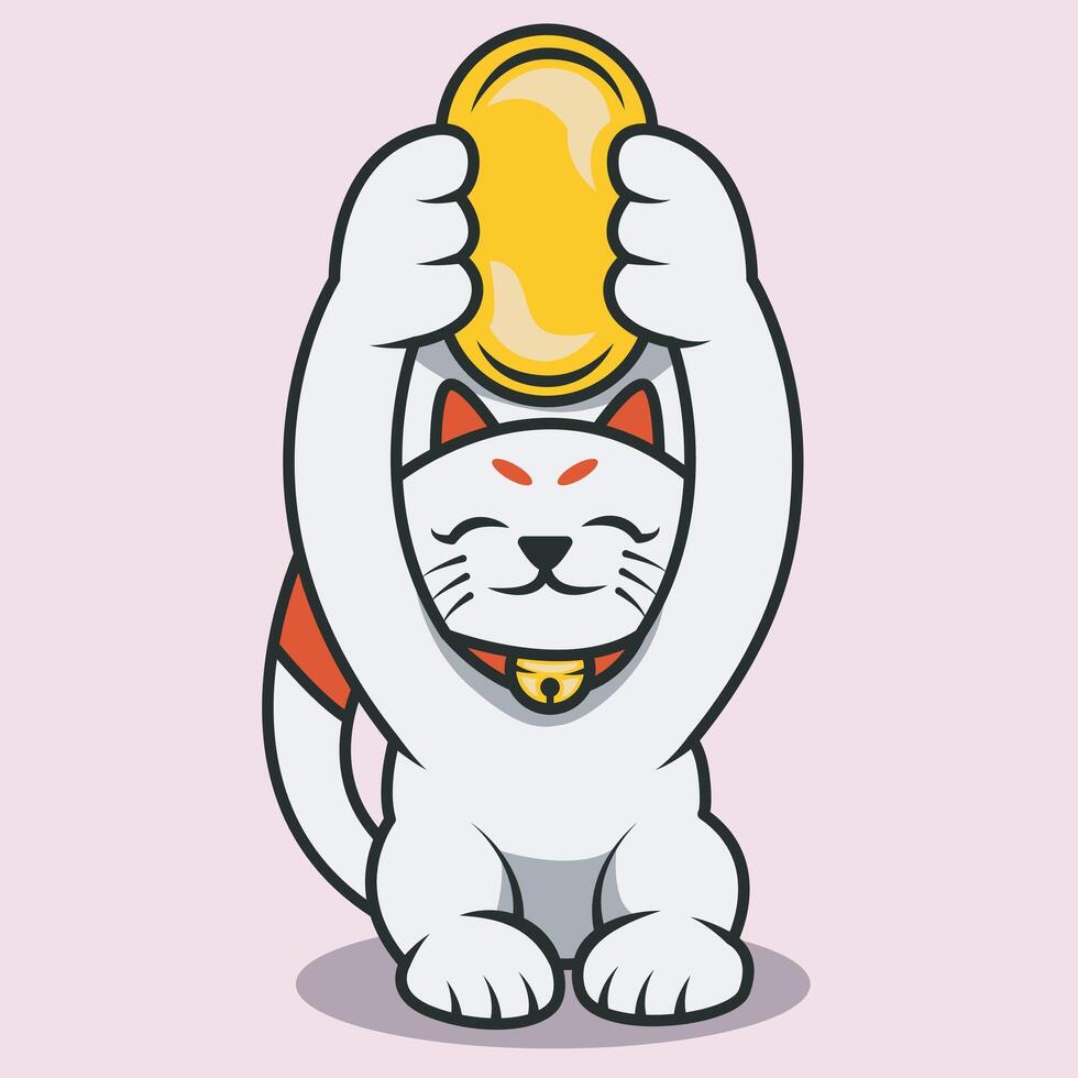illustration of lucky cat icon lifting gold pieces. premium icon. flat design vector