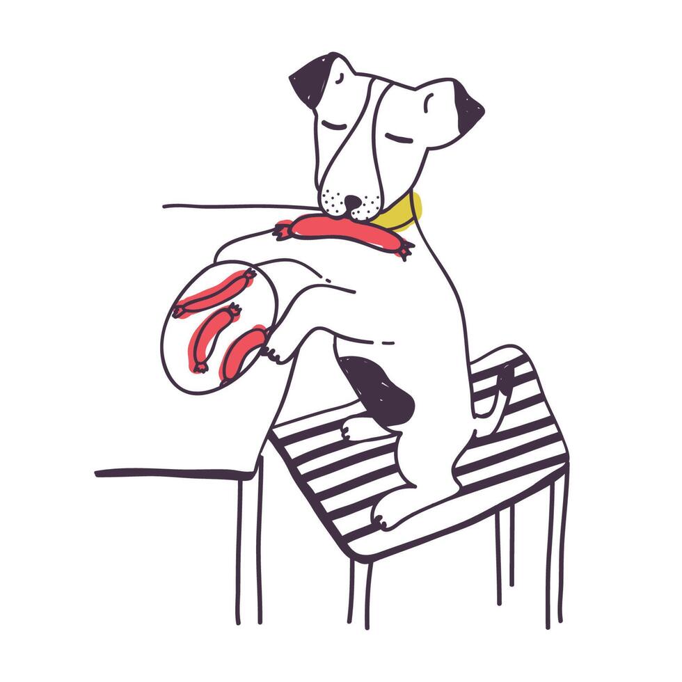 Amusing dog stealing sausage or food from table. Funny mischievous doggy isolated on white background. Bad behavior of domestic animal, disobedient pet. Colored hand drawn illustration. vector