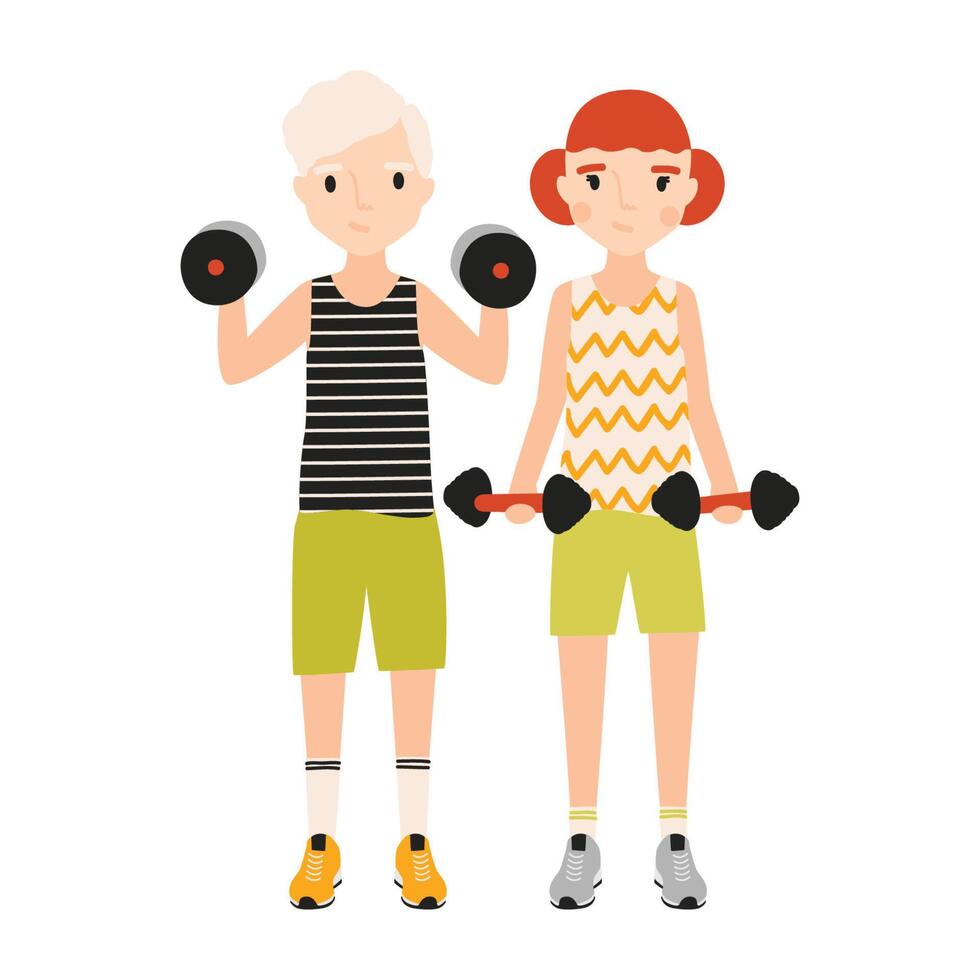 Pair of kids dressed in sportswear doing exercise with barbells isolated on white background. Sports activity, strength or power training for children. Flat cartoon colorful illustration. vector