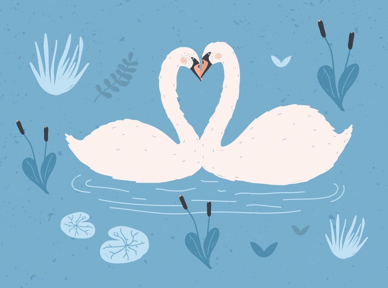 Couple of white swans floating together in water of pond or lake among plants. Pair of cute cartoon wild birds in love, waterfowl. Flat colorful hand drawn illustration in modern trendy style. vector