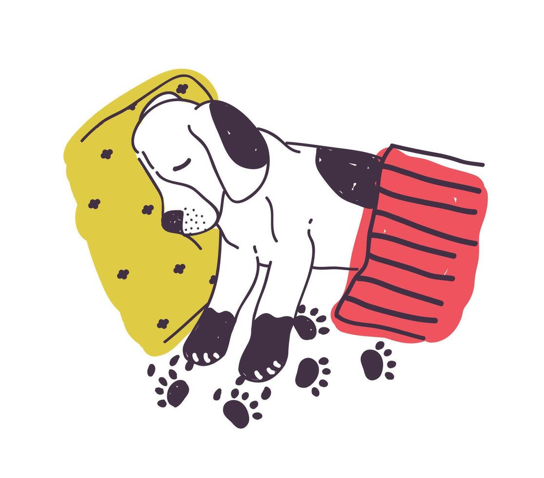 Cute dog with dirty paws sleeping in bed under blanket. Amusing naughty puppy isolated on white background. Bad habit of domestic animal, problem behavior. Colored hand drawn illustration. vector