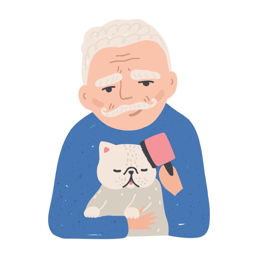 Portrait of elderly man holding his cat or kitten and brushing it with comb. Cute male cartoon character cuddling domestic animal. Lovely pet owner. Colorful illustration in flat style. vector
