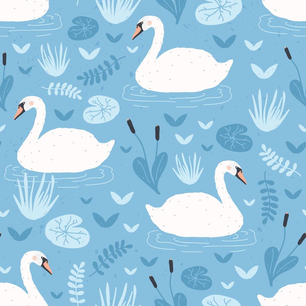 Seamless pattern with white swans floating in water pond or lake among plants. Backdrop with beautiful wild birds, waterfowl. Flat hand drawn illustration in cartoon style for textile print. vector