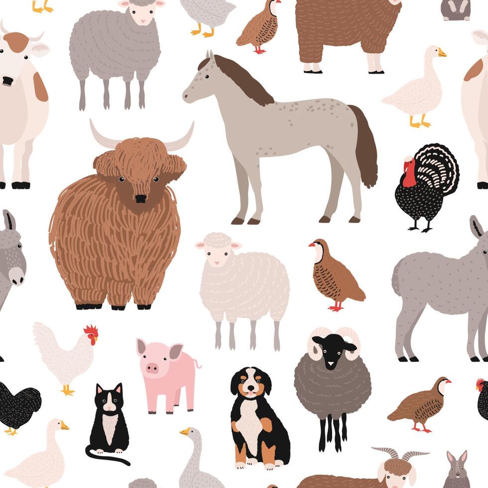 Seamless pattern with domestic farm barnyard animals and birds on white background. Backdrop with livestock and fowl. Cartoon hand drawn illustration for wrapping paper, textile print. vector