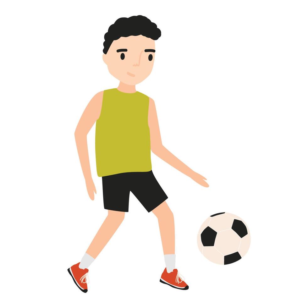 Funny little boy dressed in sportswear playing football or soccer isolated on white background. Sports game, physical activity for children. Colorful illustration in flat cartoon style. vector