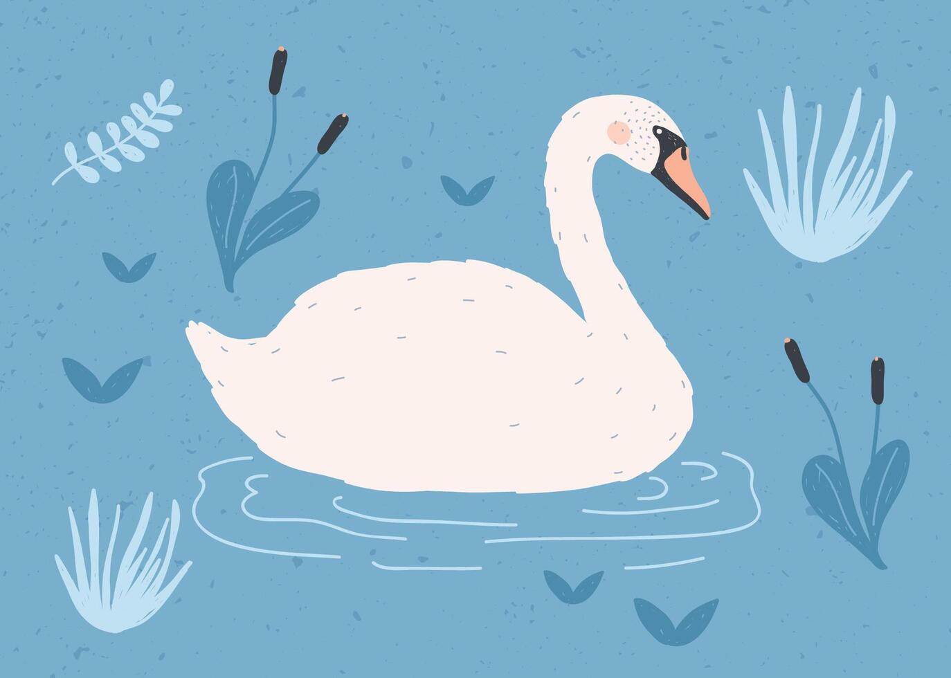Gorgeous lonely white swan swimming in water of pond or lake among plants. Adorable cartoon wild bird, game fowl or waterfowl. Flat colorful hand drawn illustration in modern trendy style. vector