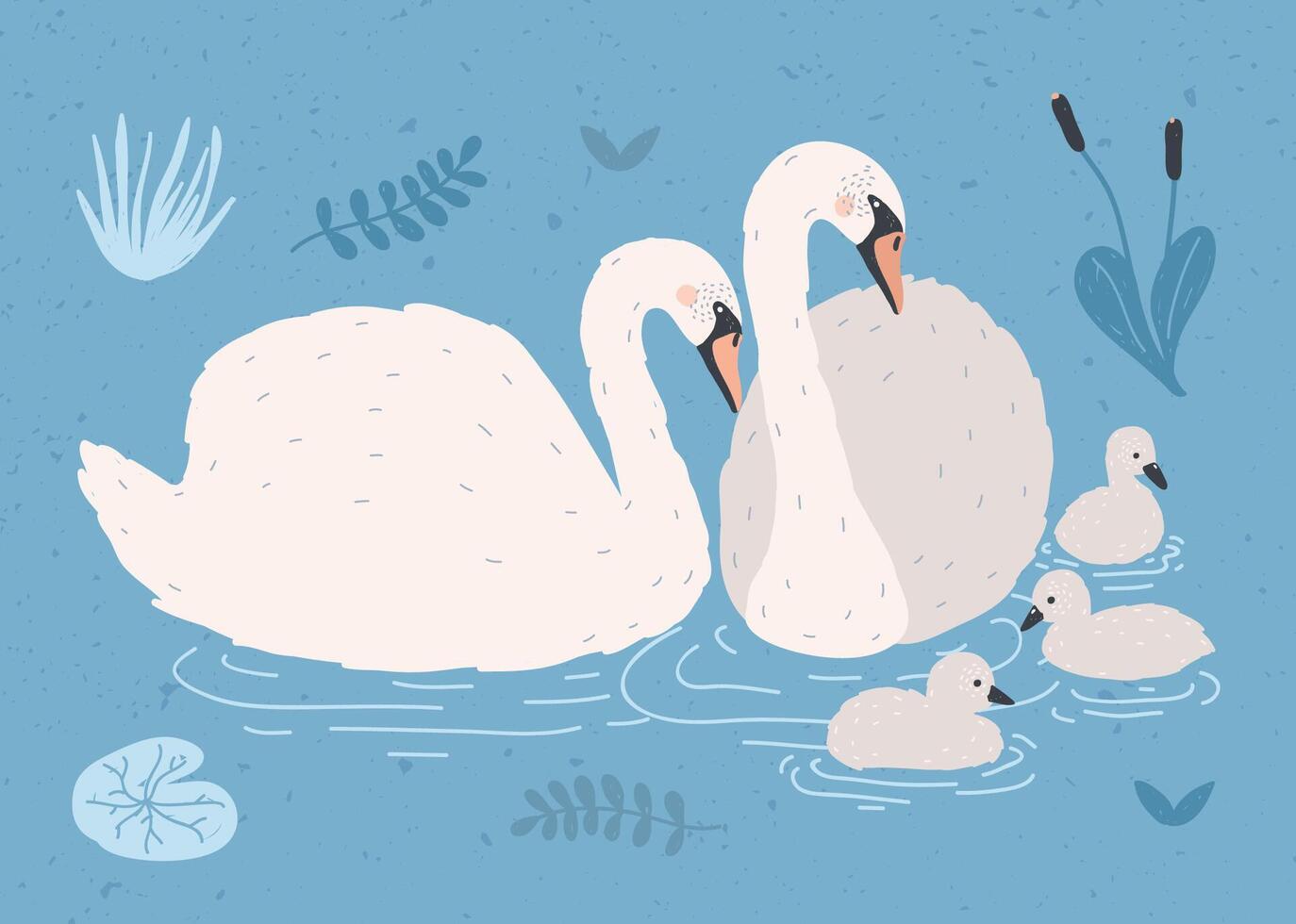 Couple of white swans and brood of cygnets floating together in pond or lake among plants. Adorable family of wild birds, waterfowl. Flat colorful hand drawn illustration in cartoon style. vector