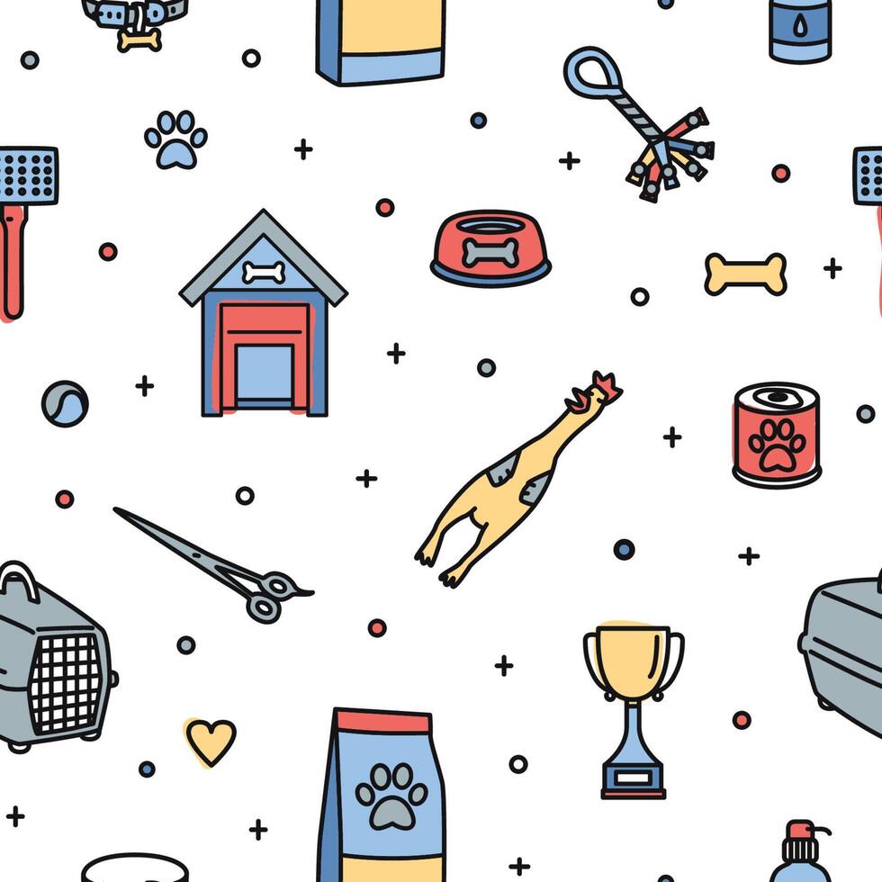 Seamless pattern with items for care, grooming, entertainment and feeding of dogs on white background. Colorful illustration in modern line art style for textile print, wrapping paper. vector