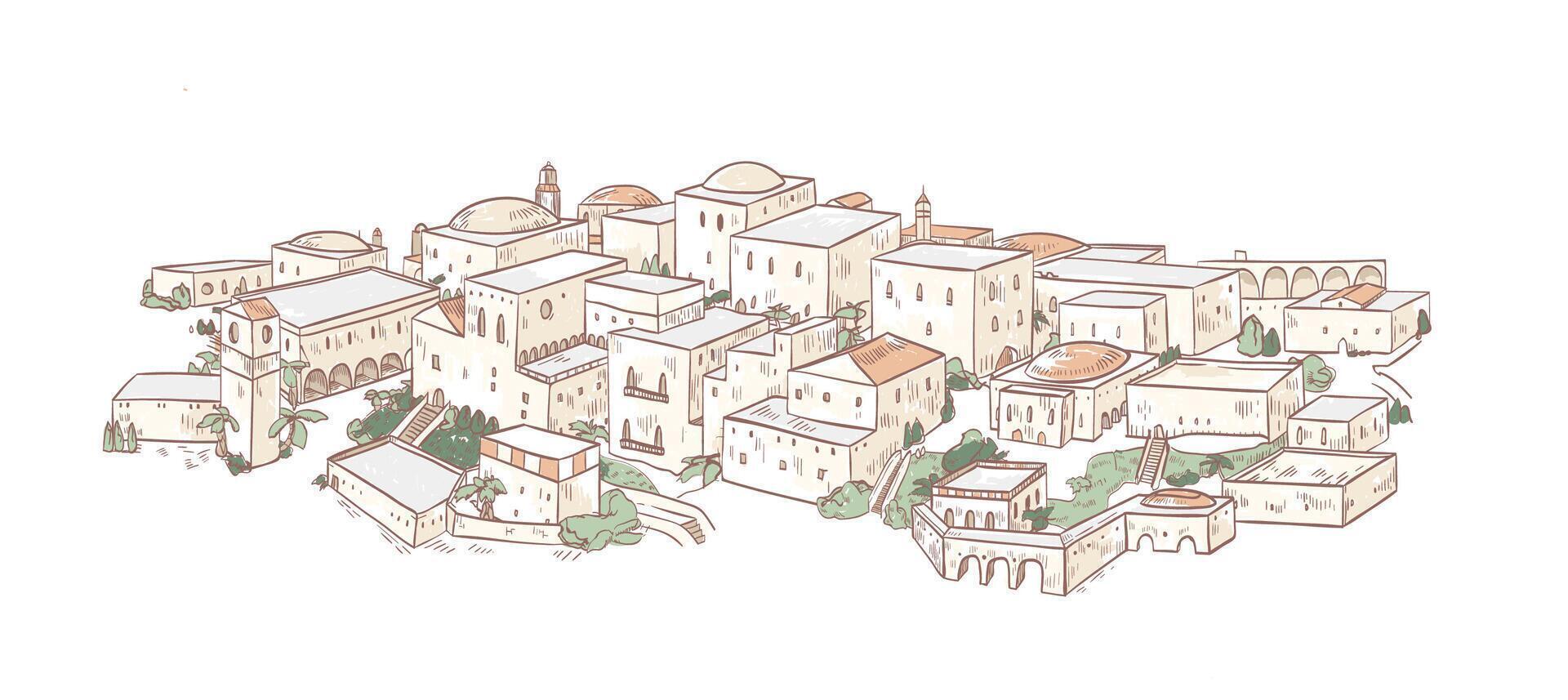 Elegant drawing of old city with beautiful buildings of Arab architecture. Panoramic view of streets of Medina, Baghdad or Marrakesh. Urban landscape. Colorful hand drawn illustration. vector