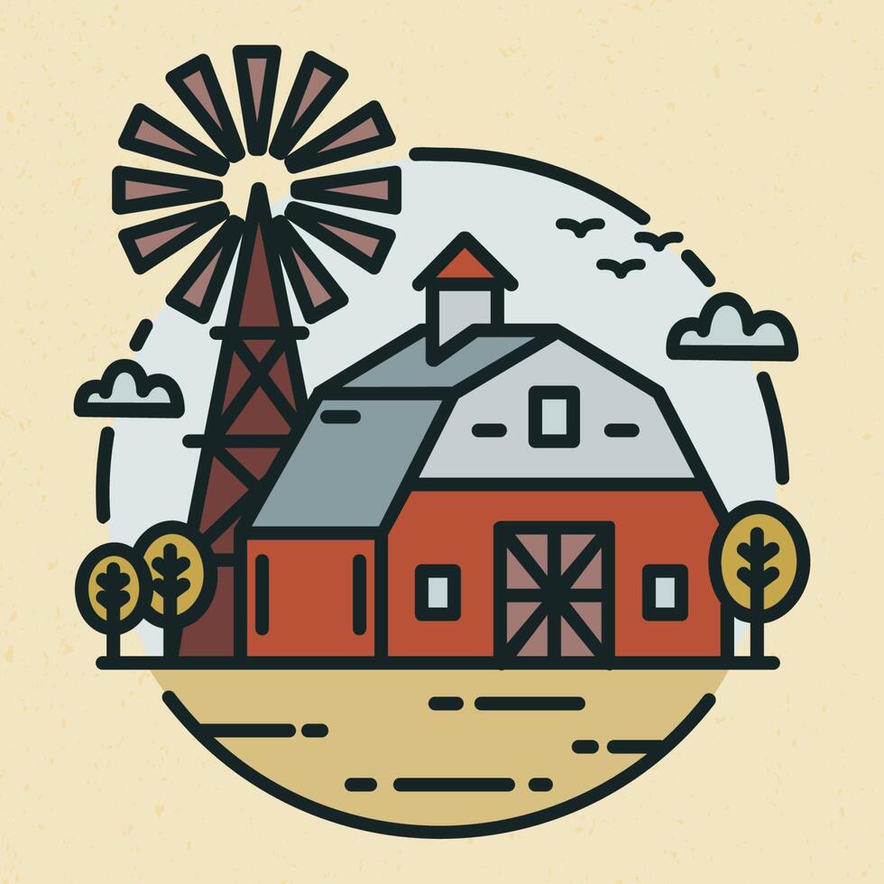 Round logotype with farmland landscape, country house or agricultural building and windmill in line art style. Creative label with rural scenery isolated on light background. illustration. vector