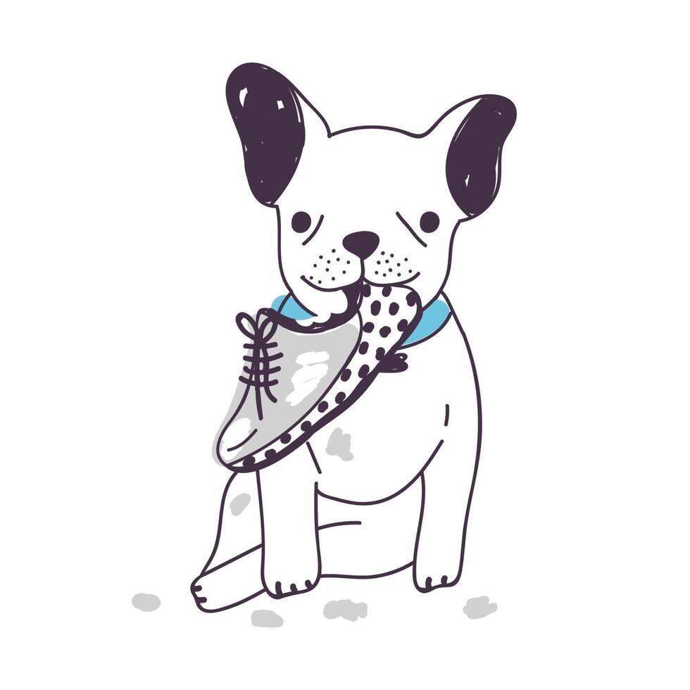 Amusing dog sitting and chewing or gnawing shoe. Funny naughty puppy isolated on white background. Bad habit, problematic behavior of domestic animal or pet. Colorful hand drawn illustration. vector