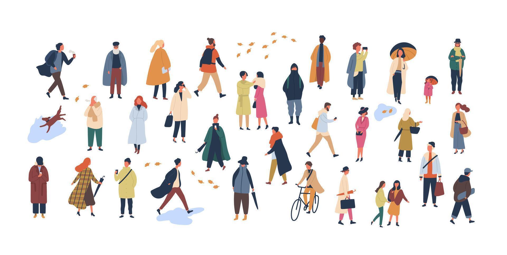 Crowd of tiny people dressed in autumn clothes or outerwear walking on street and performing outdoor activities. Group of men and women isolated on white background. Flat cartoon illustration. vector