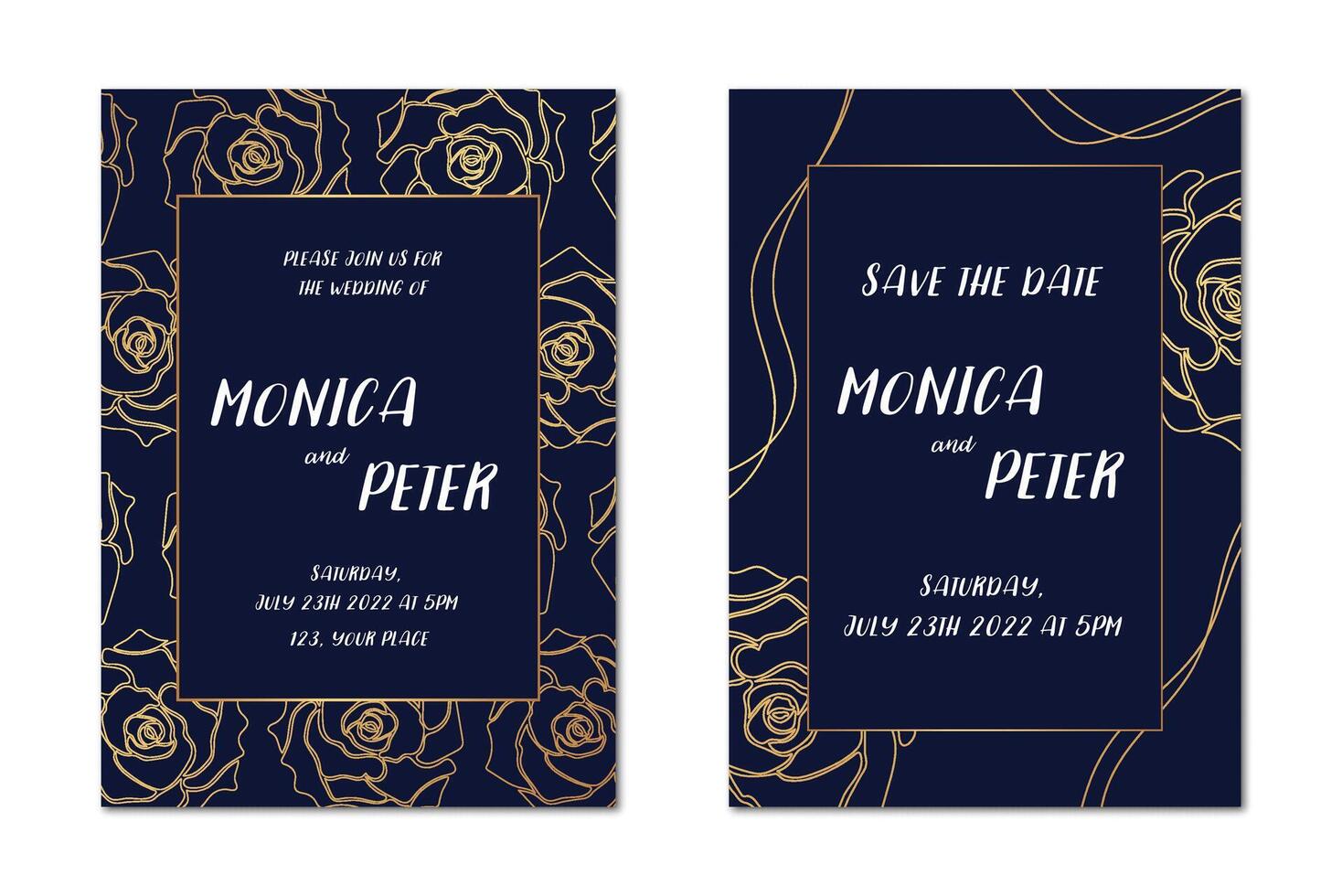 Set of postcards with gold outline roses on a dark blue background. Wedding invitation concept. elegant decorative backgrounds. vector